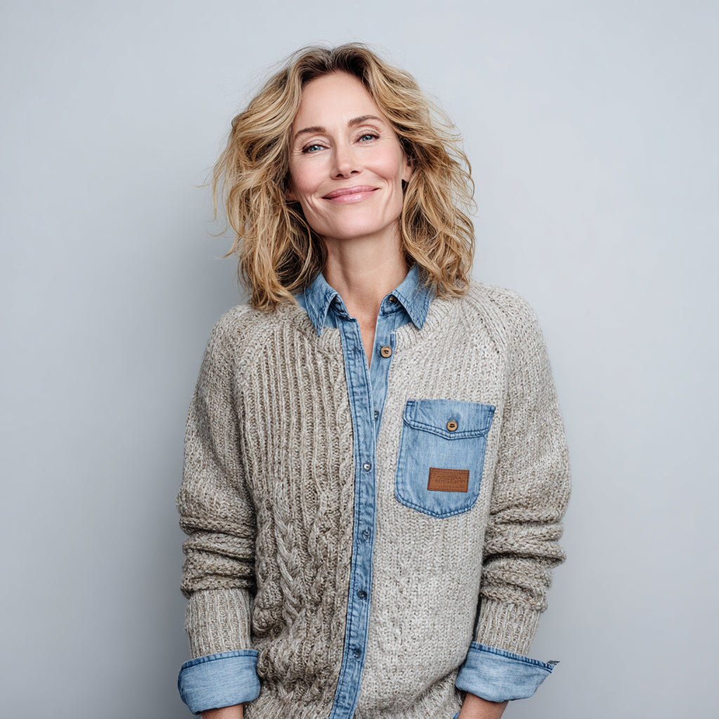 Patchwork-Jeanshemd mit langen Ärmeln