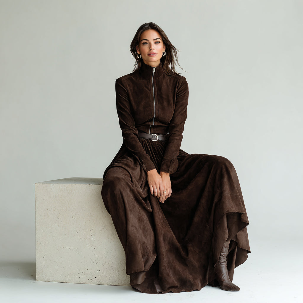 Marsella | Langes braunes Kleid mit Gürtel