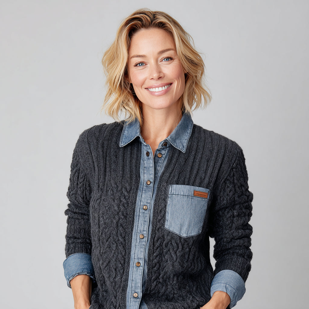 Patchwork-Jeanshemd mit langen Ärmeln