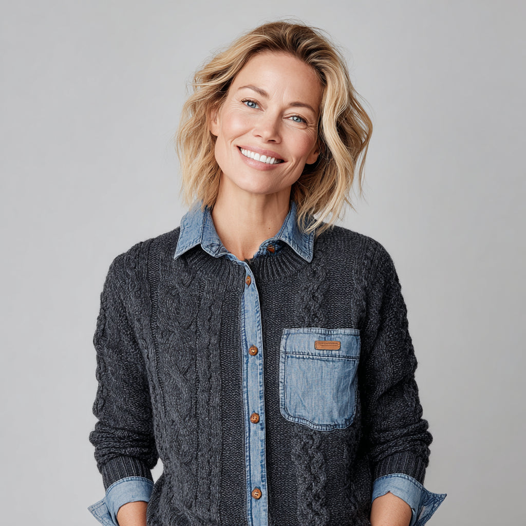 Patchwork-Jeanshemd mit langen Ärmeln